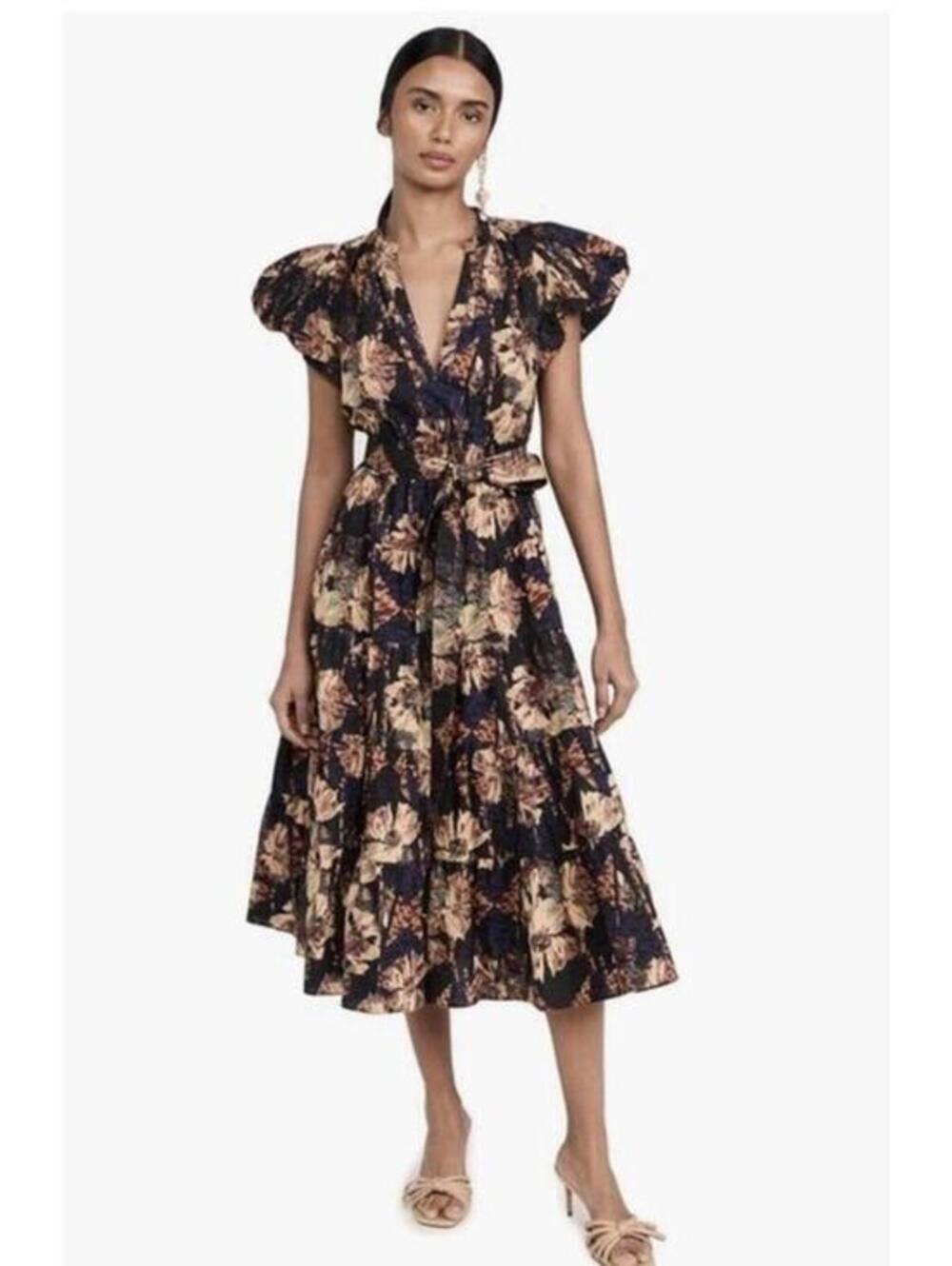 Elan Midi‎ Dress M Black Floral Cotton Voile Tie Waist Boho Tiered V Neck Puff